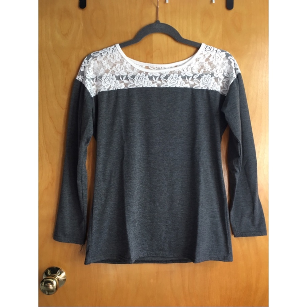 White Lace Neckline Grey Long-sleeve